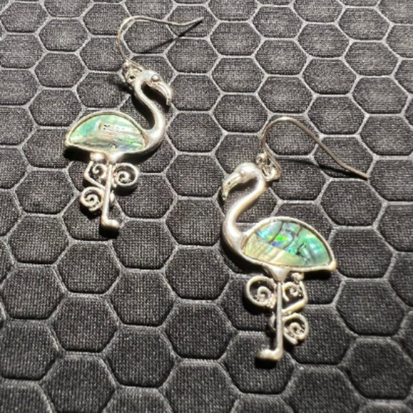 Flamingo Earrings with Green Abalone Stones 18K White Gold Plated - Picture 1 of 1